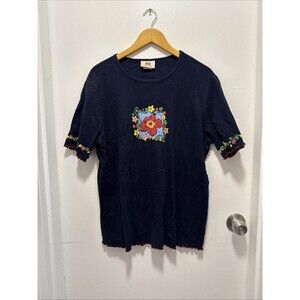 Faded Glory Floral Embroidered Tee T-Shirt Large Retro Cottagecore Casual